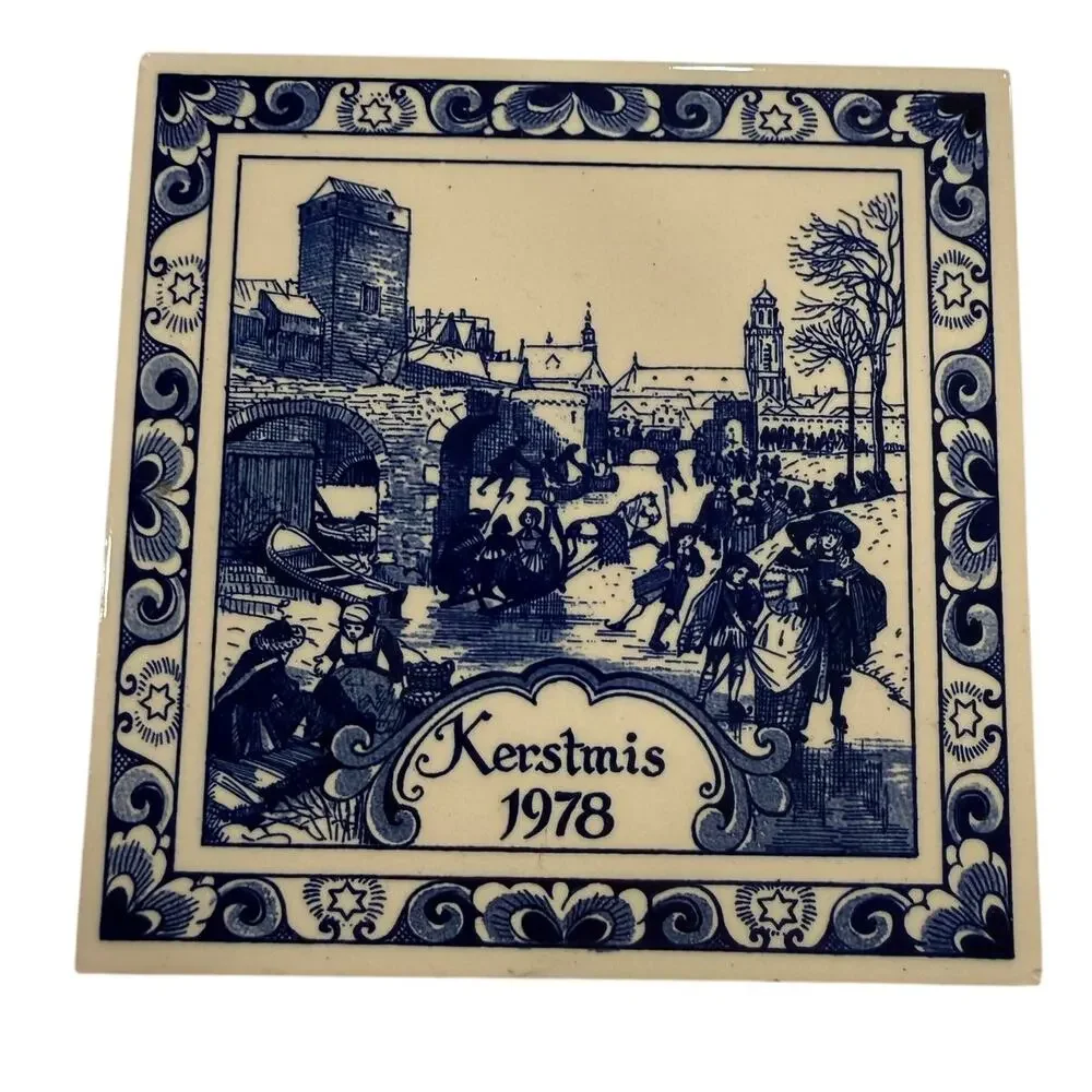VINTAGE 1978 Kerstmis Holland Delft Blue Christmas Ceramic Tile 6 Inch Dutch